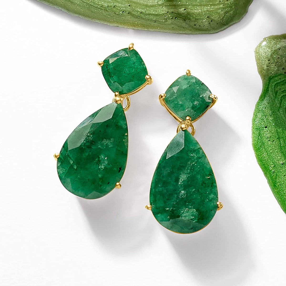 19.20 Ct. T.W. Emerald Drop Earrings in 18Kt Gold over Sterling