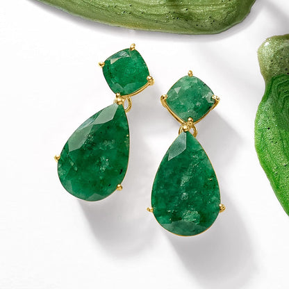 19.20 Ct. T.W. Emerald Drop Earrings in 18Kt Gold over Sterling