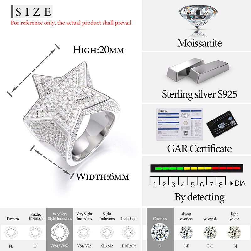 Fine Jewelry VVS1 with Certificate Moissanite Star Rings for Men 925 Sterling