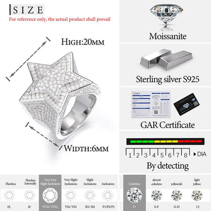 Fine Jewelry VVS1 with Certificate Moissanite Star Rings for Men 925 Sterling