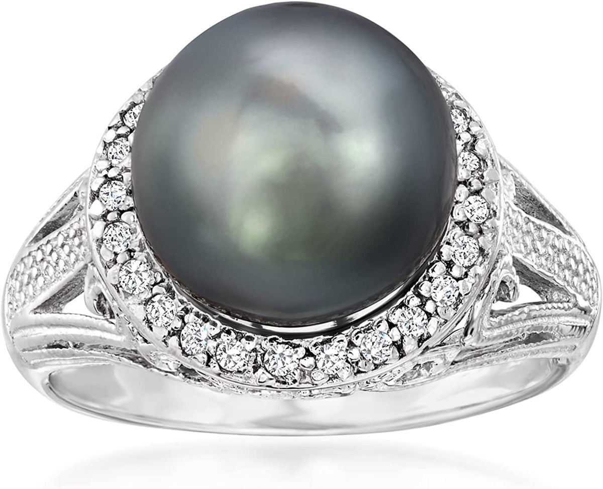 11-12Mm Black Cultured Tahitian Pearl Ring with .20 Ct. T.W. White Topaz in Ster
