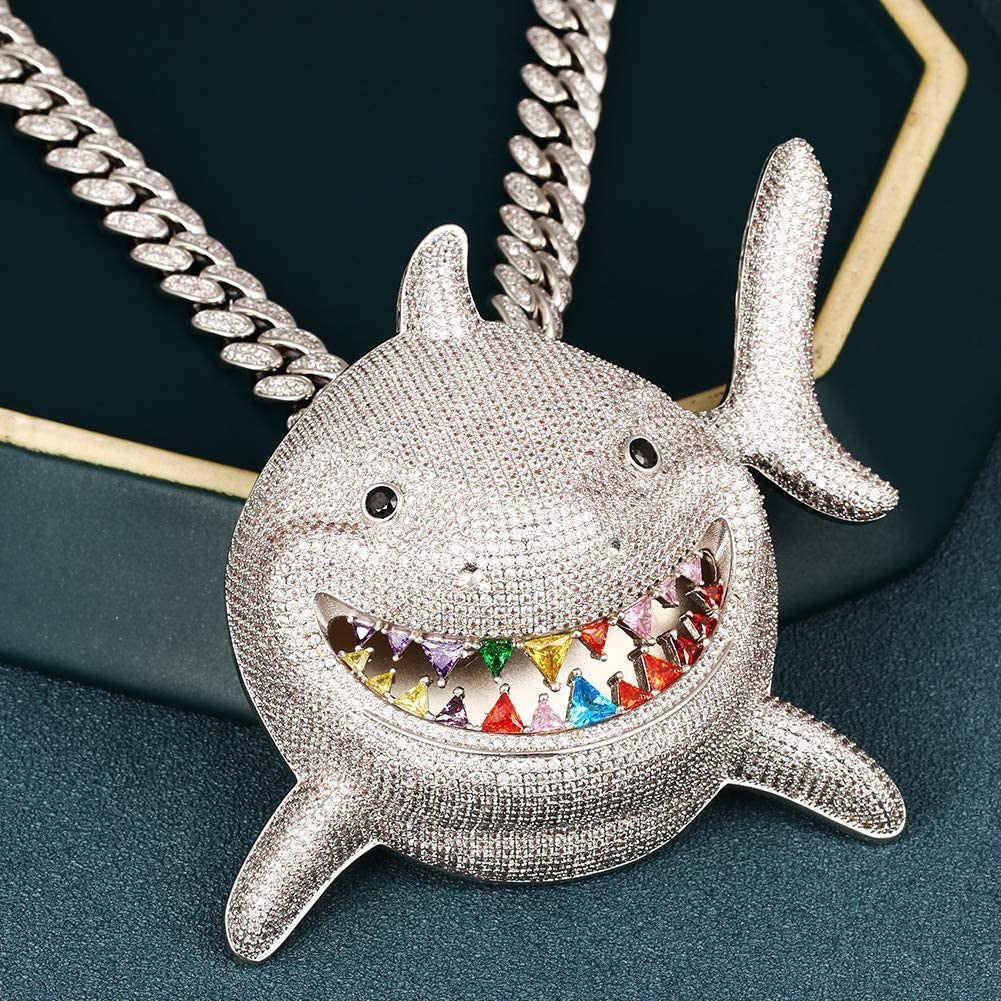 Hip Hop Jewelry 18K Gold Plated 3D Large Shark Pendant Iced Out Premium Zircon F