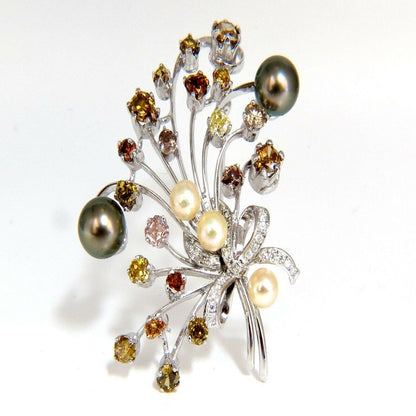 6.00Ct NATURAL FANCY COLOR YELLOW ORANGE BROWN PINK DIAMOND BROOCH &PEARL
