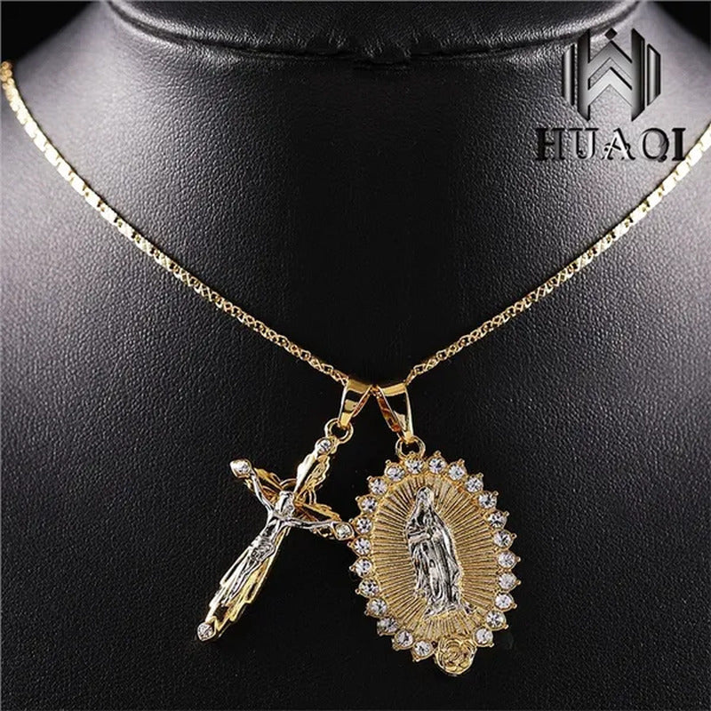 New Fashion18K Gold Plated Setting CZ Diamond Virgin Mary Necklace + Cross Neckl