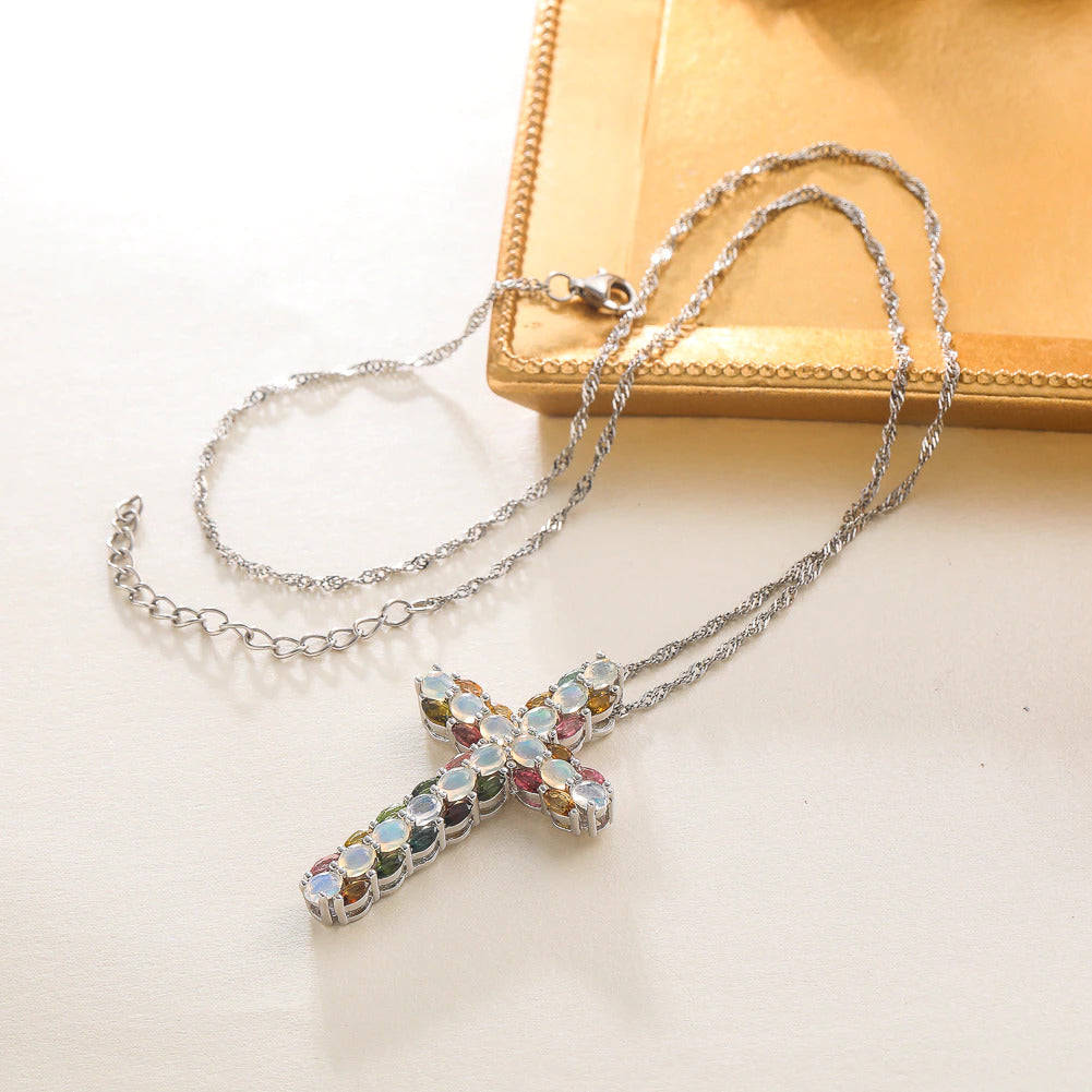 Real 925 Sterling Silver Cross Pendant for Women Natural Opal Tourmaline Mixed