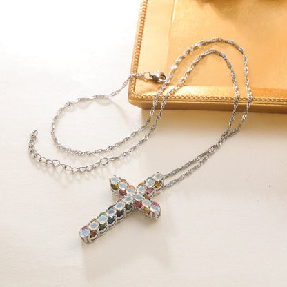 Real 925 Sterling Silver Cross Pendant for Women Natural Opal Tourmaline Mixed
