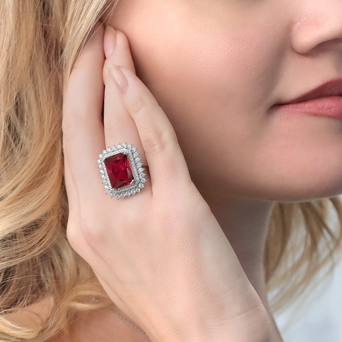 925 Sterling Silver Red Created Ruby Women'S Ring (8.60 Cttw, Emerald Cut 14X10M