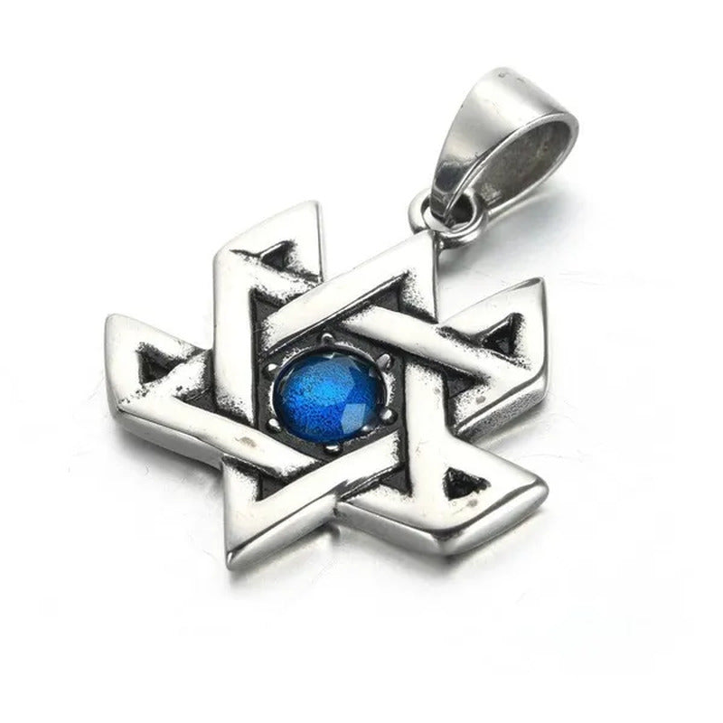 Stainless Steel Retro Six-Pointed Star Blue Ruby Pendant Titanium Steel Men'S