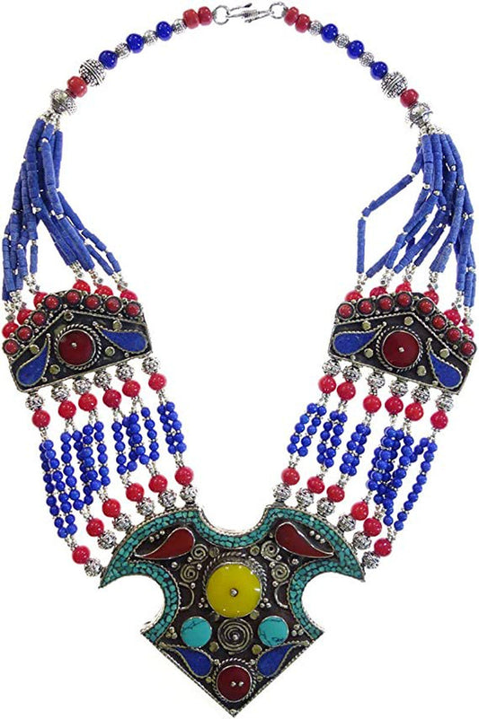 Tibetan Multi Strand Lapis Lazuli Amber Coral Beads Handmade Ethnic Tribal Gypsy