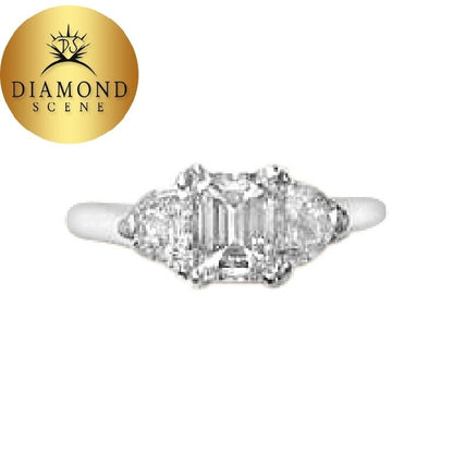 EMERALD CUT DIAMOND IN THE CENTER 4 PRONGS 1.50 CT, SIDES 2 HALF MOON DIAMONDS