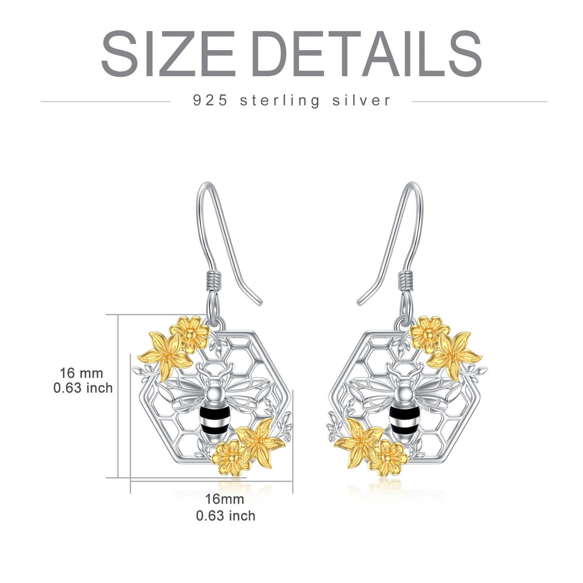 Sunflower Bee Earrings Sterling Silver Honeycomb Dangle Drop Bee Earrings Jewelr