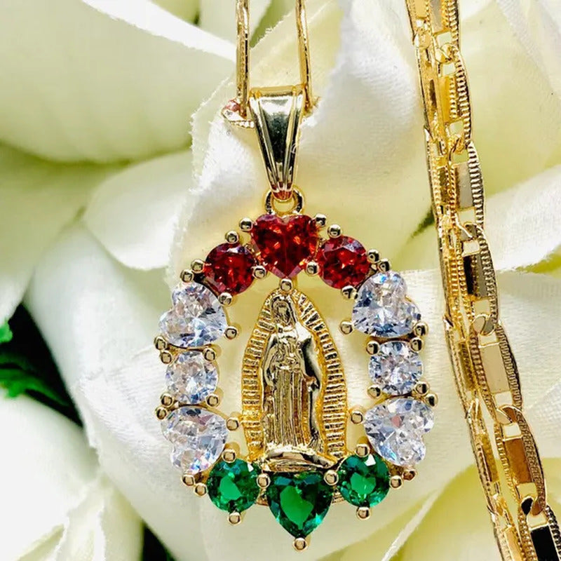 14K Gold Plated Virgin Guadalupe Pendant Necklace 24" Diamond Cut Chain Cubic Zi