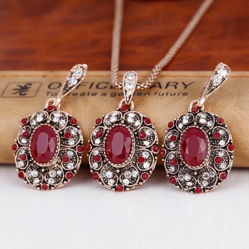 Retro Series Necklace Set Ancient KC Gold Ruby Necklace Earrings Ring Set of Thr