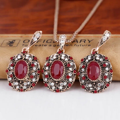 Retro Series Necklace Set Ancient KC Gold Ruby Necklace Earrings Ring Set of Thr