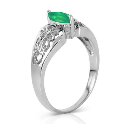 14K White Gold Filigree Ring with Natural Marquis-Shaped Emerald