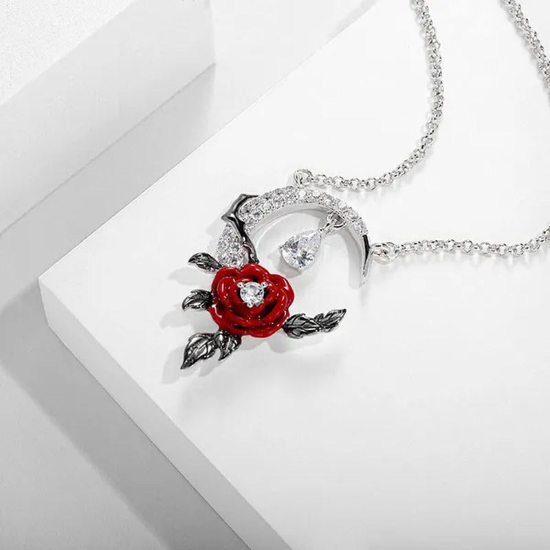 Creative Exquisite Crescent Pendant Rose Necklace 925 Sterling Silver Necklace F