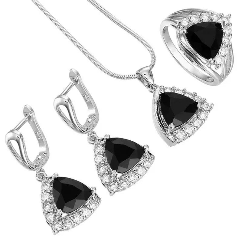 Fashion Women Black Onyx Soild Natural Diamond Ring Earrings Necklace Bridal Jew