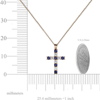 Petite Blue Sapphire & Natural Diamond (SI2-I1,G-H) Cross Pendant 0.34 Ctw 14K G