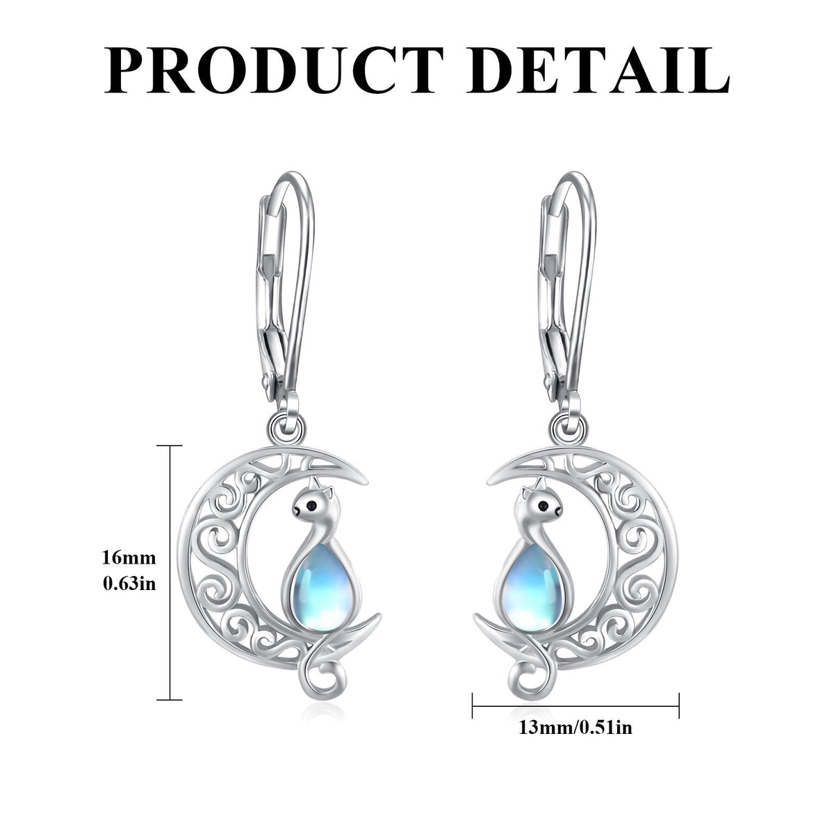 Moon Cat Earrings for Women Hypoallergenic 925 Sterling Silver Crescent Cat Drop