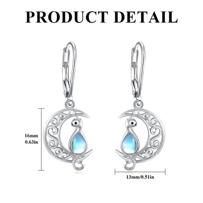 Moon Cat Earrings for Women Hypoallergenic 925 Sterling Silver Crescent Cat Drop