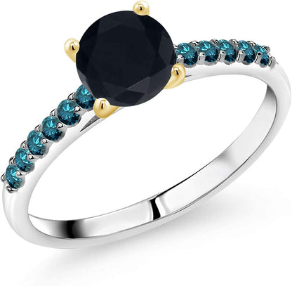 1.00 Ct 6Mm round Black Onyx Blue Diamond 925 Silver Ring with 10K Yellow Gold P