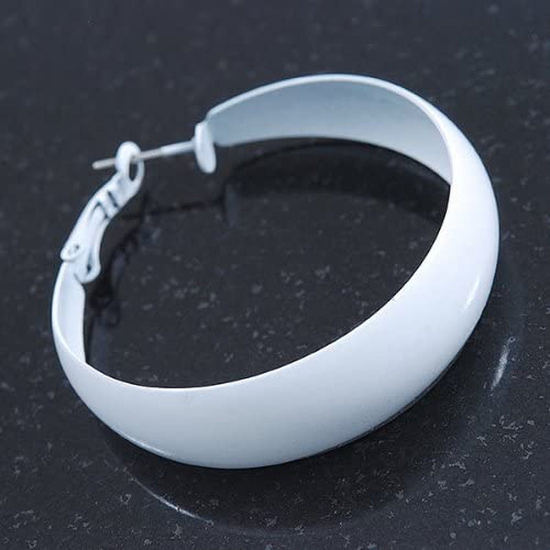 Wide Medium White Enamel Hoop Earrings - 40Mm Diameter