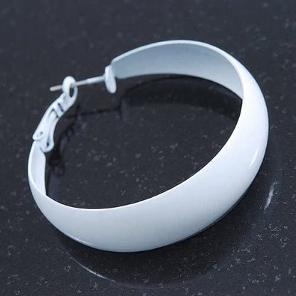 Wide Medium White Enamel Hoop Earrings - 40Mm Diameter