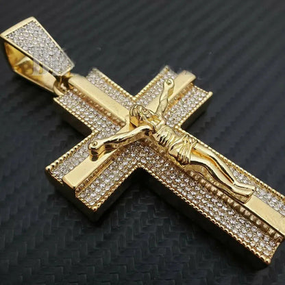 Men'S Iced Gold/Silver Hip Hop Large Holy Jesus Cross Bling Lab Diamond Charm Pe