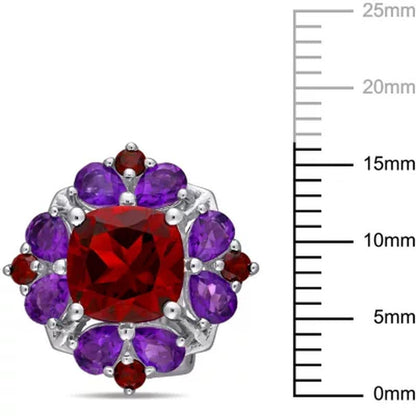 Garnet and African-Amethyst Floral Cluster Earrings in Sterling Silver