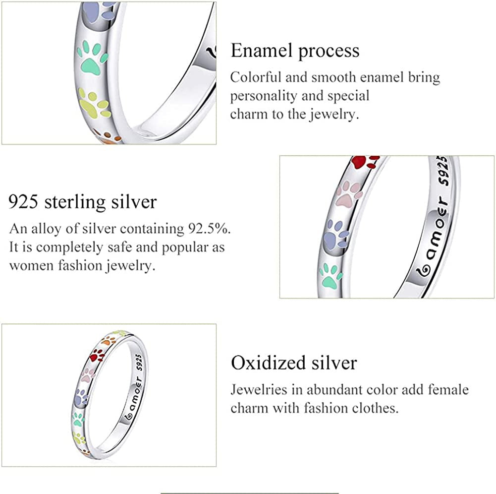 S925 Sterling Silver Puppy Dog Cat Paw Ring, Multicolor Pet Print Enamel Ring fo