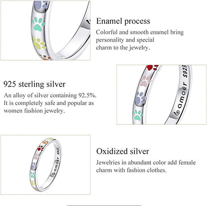 S925 Sterling Silver Puppy Dog Cat Paw Ring, Multicolor Pet Print Enamel Ring fo