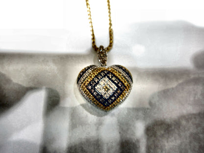 DIAMOND SAPPHIRE PATCH WORK QUILT HEART PENDANT INCLUDED CHAIN