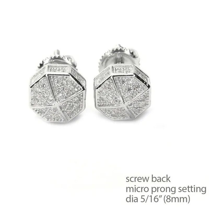Iced Mirco Pave Lab Diamond CZ Setting Earring Mens Bling Silver Plated Octagon
