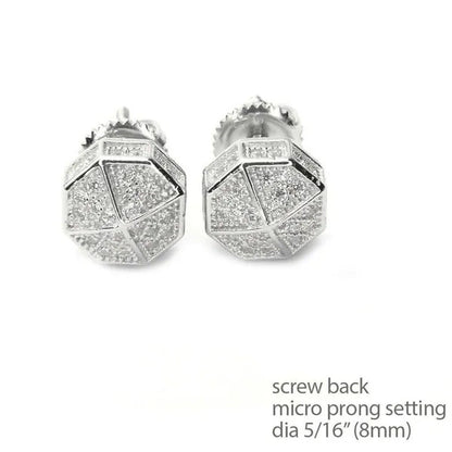 Iced Mirco Pave Lab Diamond CZ Setting Earring Mens Bling Silver Plated Octagon