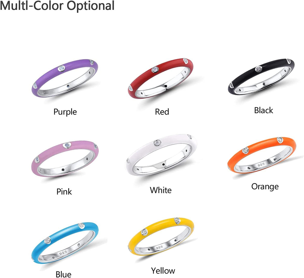 Stackable Enamel Ring 925 Sterling Silver Cubic Zirconia Rainbow Eternity Stacki