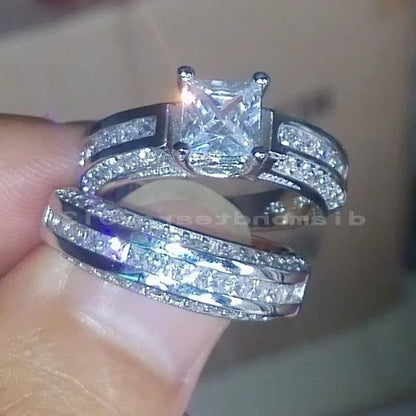 2Pcs Set Princess 925 Sterling Silver White Sapphire & Diamond Wedding Ring
