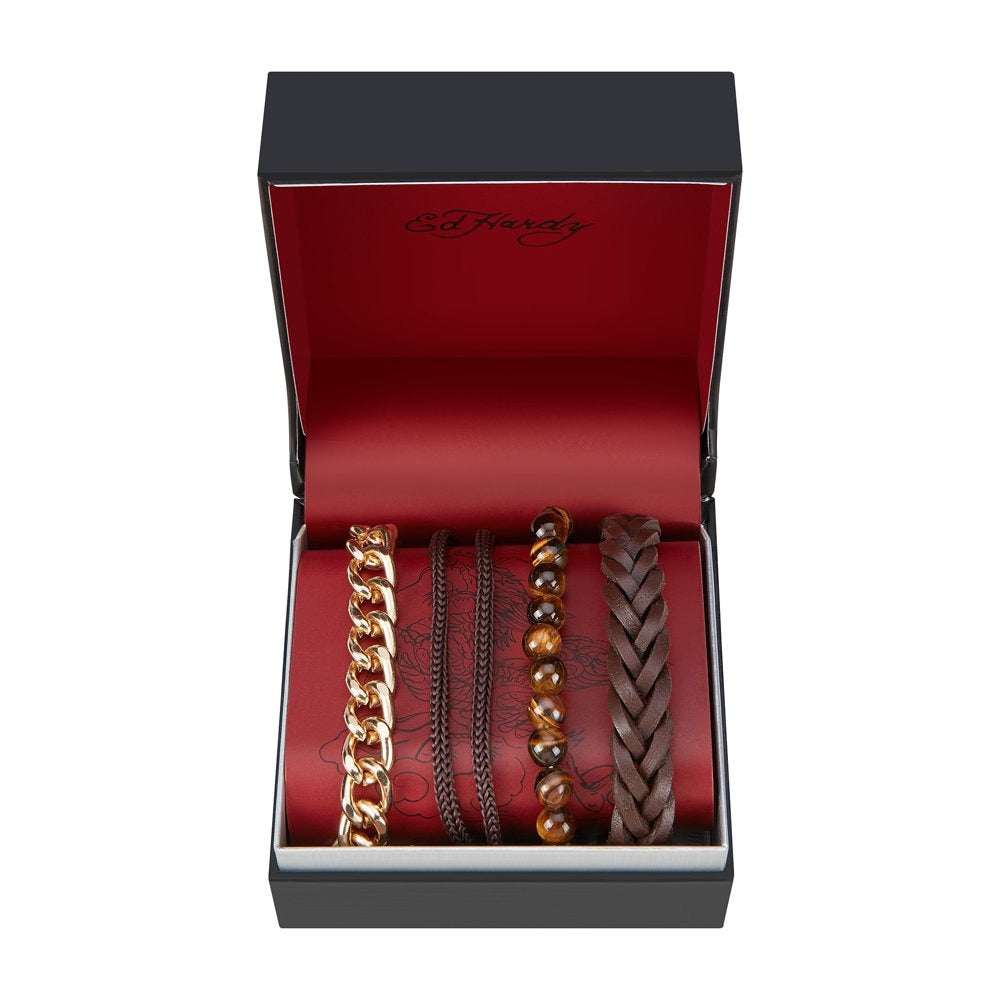 Tiger I Beads, Vegan Leather, Wax Rope Multi-Layered Stackable Bracelet Set for