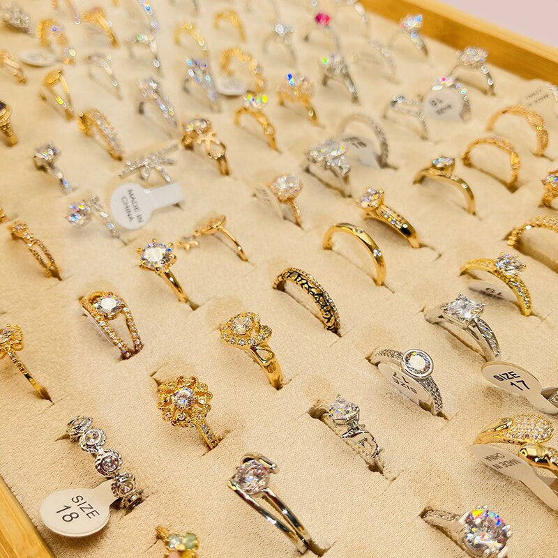 100Pcs/Lot Wholesale Copper Fashion Fancy Rings with Cubic Zirconia Mix Styles