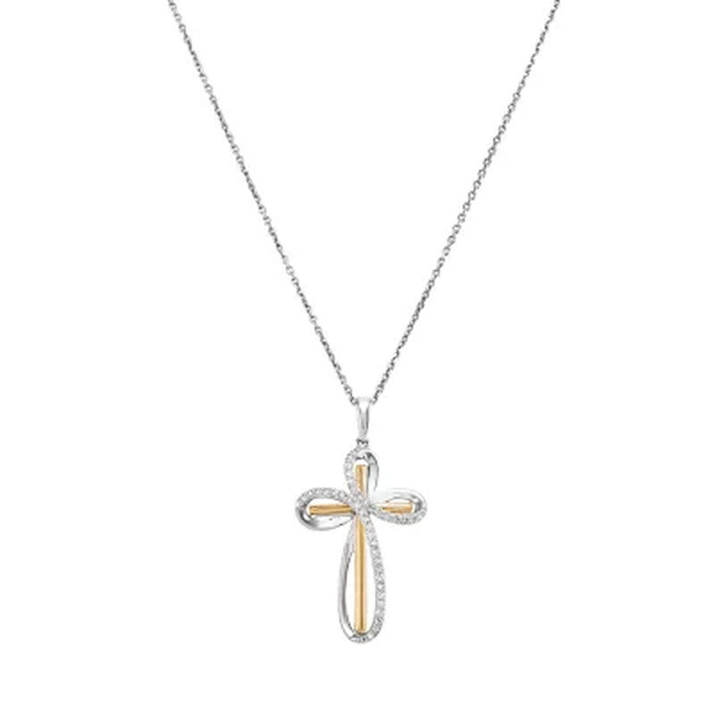 Diamond Cross Pendant in Sterling Silver and 14K Yellow Gold