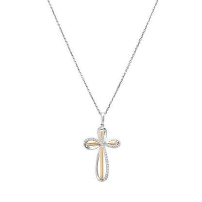 Diamond Cross Pendant in Sterling Silver and 14K Yellow Gold