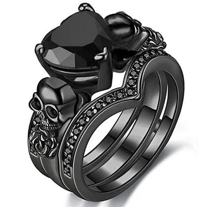 Gothic Black Rose Flower Skull Engagement s Set Red Purple Heart-Shaped Zircon C