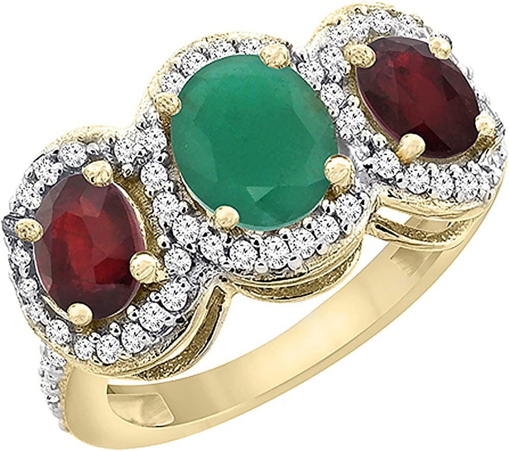 14K Yellow Gold Natural Cabochon Emerald & Enhanced Ruby 3-Stone Ring Oval Diamo