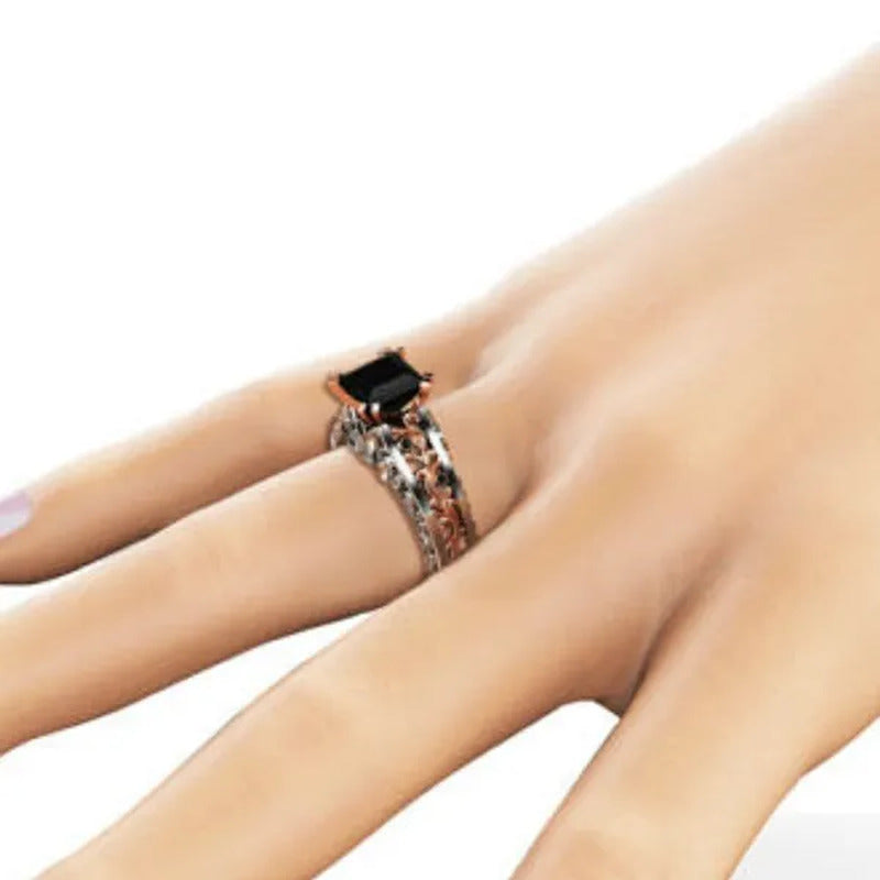 Princess Black Stone Engagement Ring Rose 925 Sterling Silver Wedding Bridal Rin