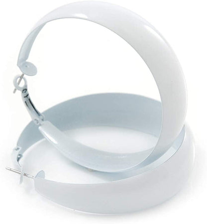 Wide Large White Enamel Hoop Earrings - 55Mm Diameter