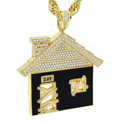 Hip Hop Luxury Diamond Jewelry Mens 14K Gold Plated Huge Trap House Pendant / 10