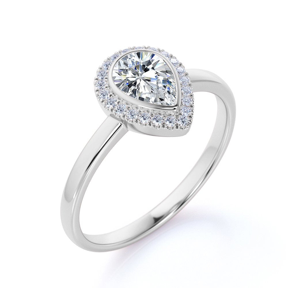 Bezel Set Halo Pear Shaped Diamond Solitaire Wedding Ring in 10K White Gold