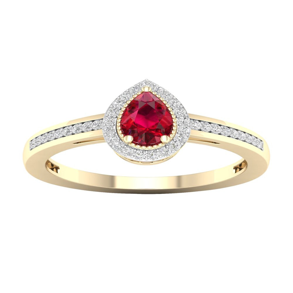 Imperial Gemstone 10K Yellow Gold Pear Ruby 1/8 CT TW Diamond Halo Women'S Ring