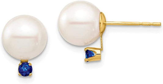 14K Yellow Gold White round Freshwater Cultured Pearl Sapphire Post Earrings (8-