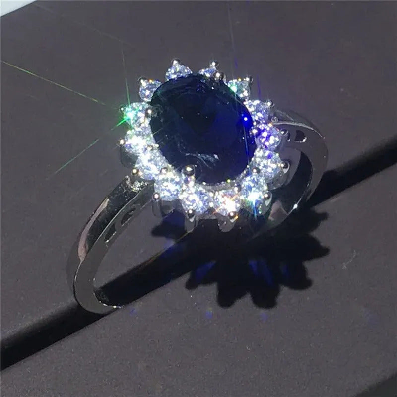 Royal Jewelry Princess Diana Soild Silver Color Ring Sapphire Cz Diamond Engagem