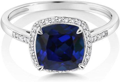 10K White Gold Blue Created Sapphire and Accent Diamond Women'S Engagement Ring